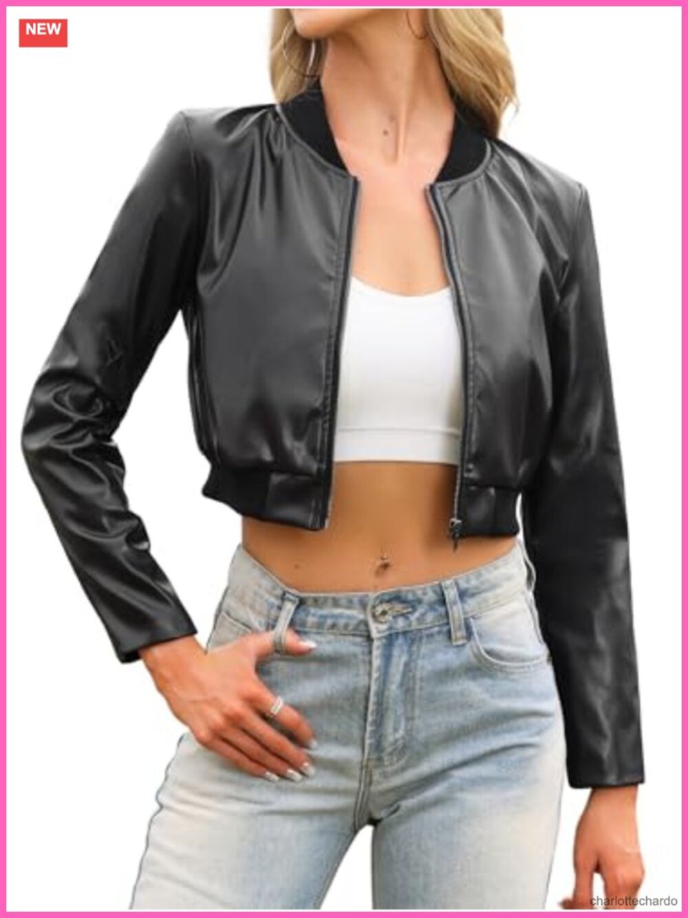 Faux Leather Bomber Jacket Women PU Moto Biker Crop Zip Up